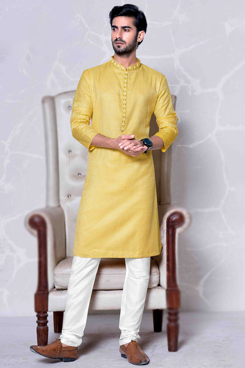 Light Yellow Jacquard Straight Cut Men Kurta Pajama