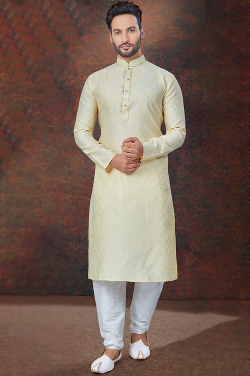 Light Yellow Jacquard Weaved Thread Straight Cut Men's Kurta Churidar 
