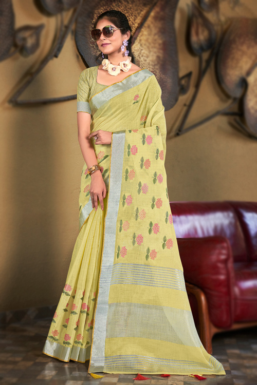 Light Yellow Linen Resham Embroidered Light Weight Saree