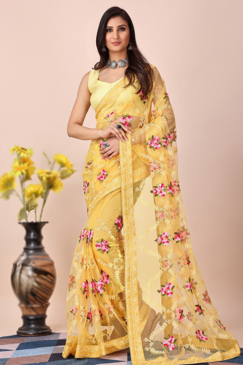 Light Yellow Net Embroidered Lightweight Saree for Haldi