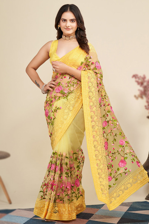Light Yellow Net Floral Saree With Resham Embroidery 