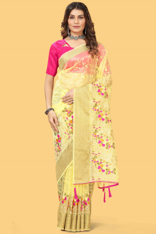 Light Yellow Organza Embroidered Light Weight Saree 