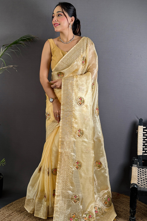 Light Yellow Organza Silk Saree With Zari Work For Weddings