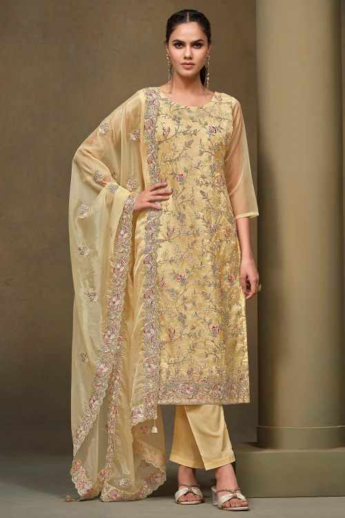 Light Yellow Organza Straight Cut Trouser Suit With Zari Work 