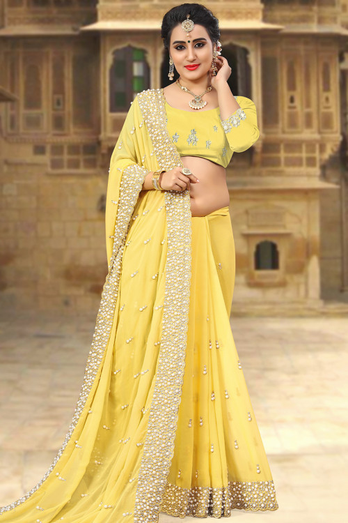 Light Yellow Pearl Embroidered Georgette Saree For Haldi 