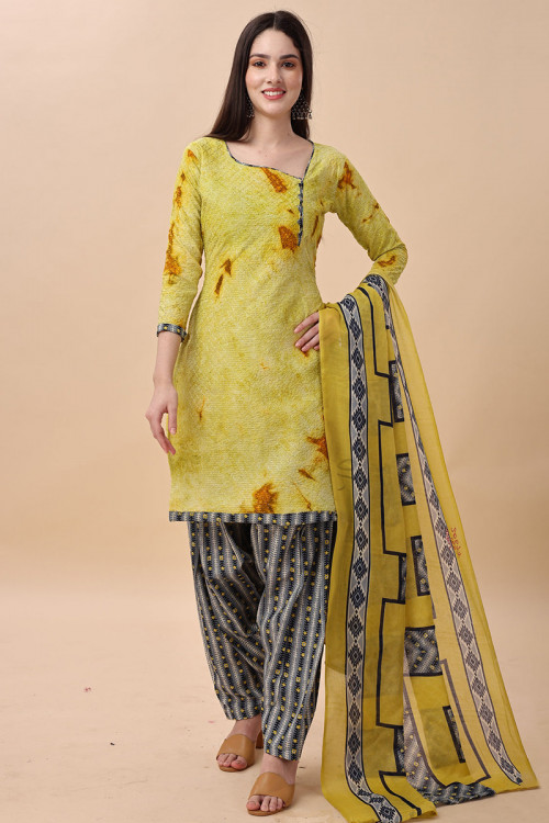 Light Yellow Printed Cotton Patiala Suit