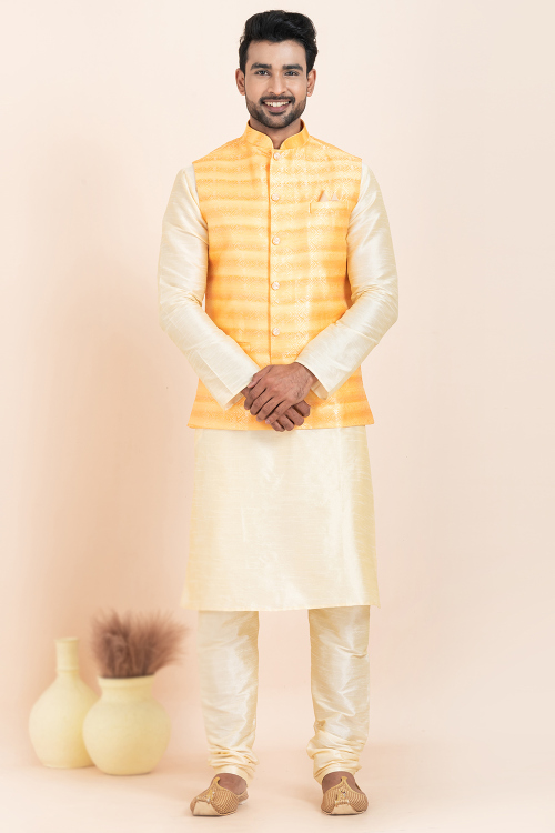 Light Yellow Printed Silk Blend Waistcoat For Men