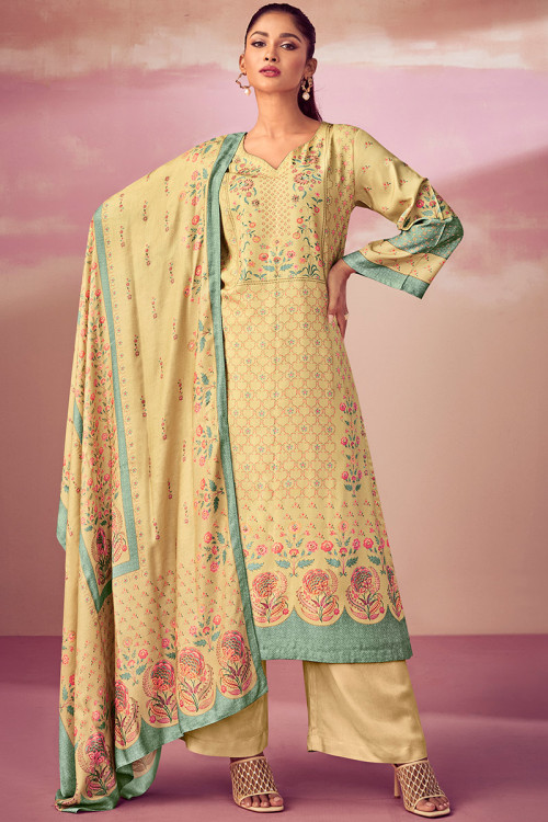 Light Yellow Printed Wool Casual Wear Palazzo Suit 