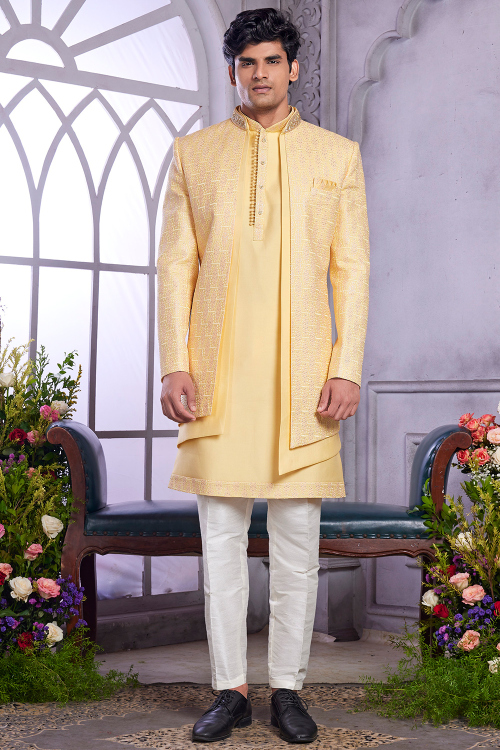 Light Yellow Silk Blend Embroidered Men's Sherwani for Wedding