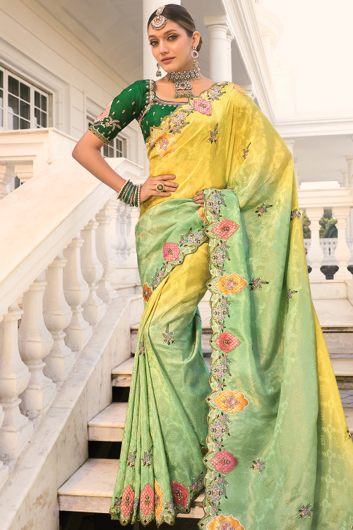 Light Yellow Silk Blend Embroidered Saree For Wedding 