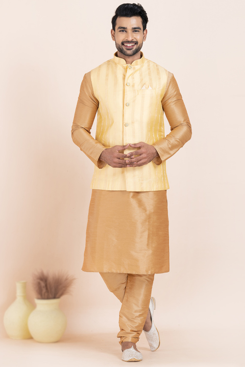 Light Yellow Silk Blend Embroidered Waistcoat For Men 