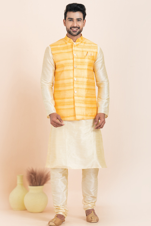 Light Yellow Silk Blend Printed Waistcoat For Men