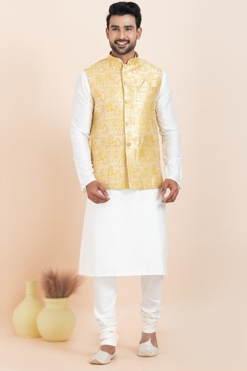 Light Yellow Silk Blend Weave Zari Waistcoat For Men
