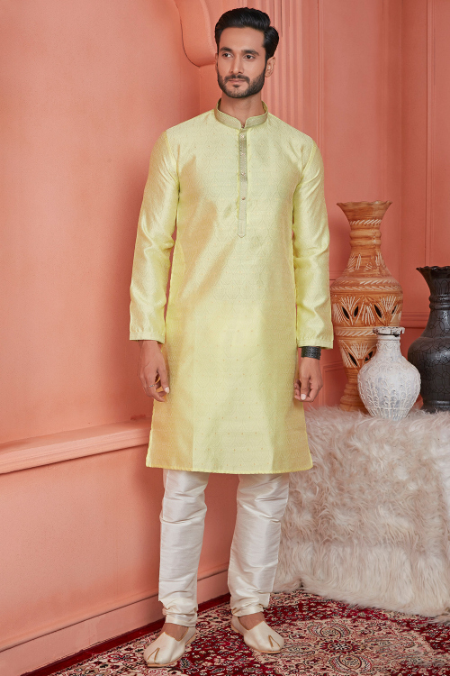 Light Yellow Silk Blend Weaved Men's Kurta With Churidar