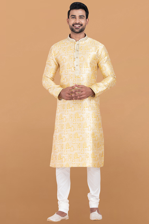 Light Yellow Silk Blend Woven Zari Men's Kurta Churidar