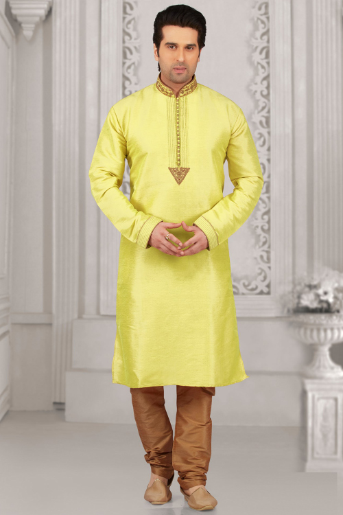 Light Yellow Silk Kurta Pajama with Dori Work for Diwali