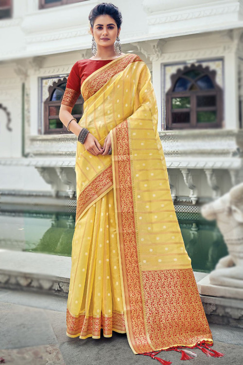 Yellow Tissue Saree In Zari Woven Designs 4815SR02