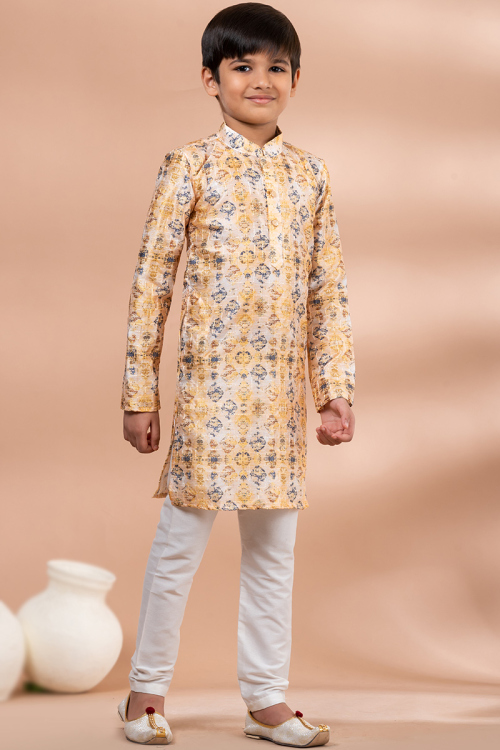 Light Yellow Silk Printed Boy's Kurta Pajama For Haldi 