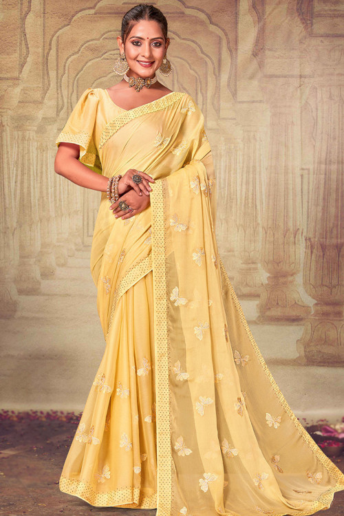 Light Yellow Stone Embroidered Chiffon Sangeet Saree 