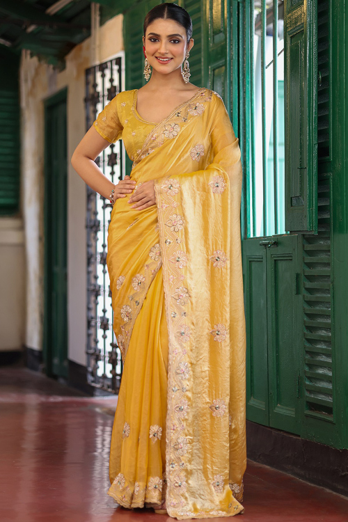Light Yellow Tissue Embroidered Shimmer Saree