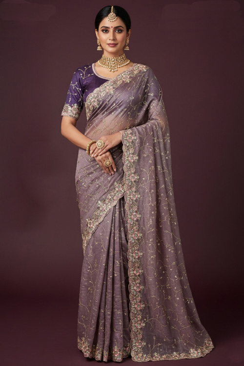  Lilac Purple Chiffon Shimmer Saree With Zari Work For Festival