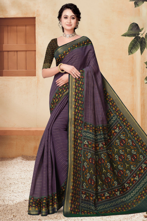 Lilac Purple Cotton Saree With Printed Work For Casual Wear