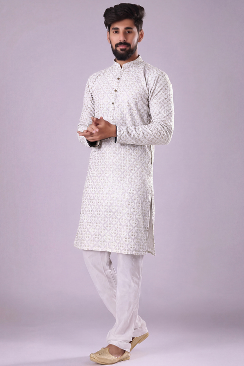 Lilac Purple Cotton Silk Sequins Embroidered Men&#039;s Kurta Pajama