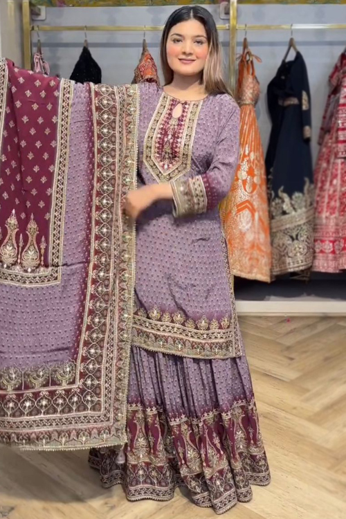 Lilac Purple Crepe Printed Straight Cut Gharara Suit 