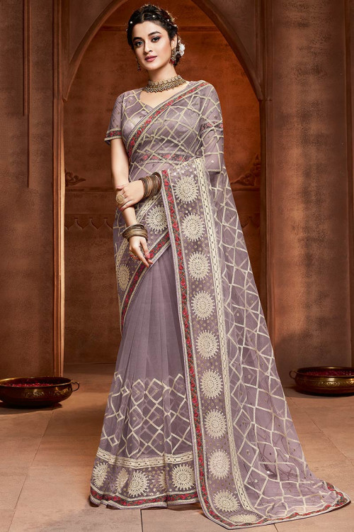 Lilac Purple Net Indian Wedding Wear Saree