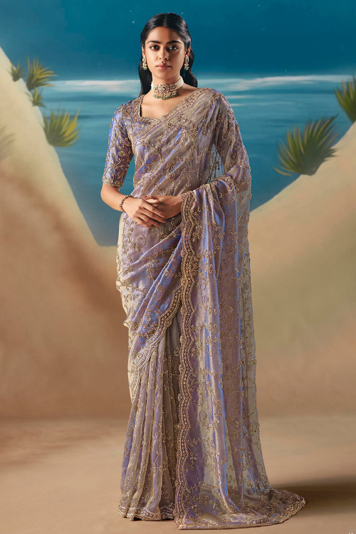 lilac Purple Tissue Bead Embroidered Shimmer Saree