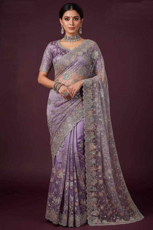 Lilac Purple Tissue Silk Shimmer Saree With Zari Work For Festival