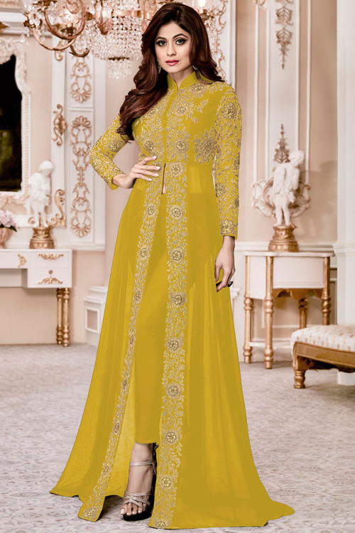 Lime Yellow Georgette Anarkali Suit With Zari Work