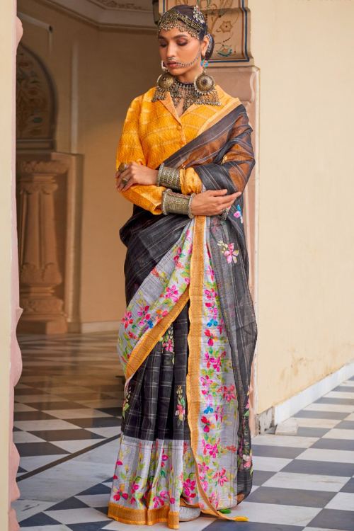 Linen Charcoal Grey Printed Casual Wear Saree 