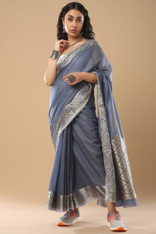 Linen Dusty Blue Woven Zari Light Weight Saree For Casual Wear