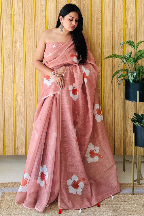 Linen Dusty Mauve Mauve Printed Light Weight Saree 