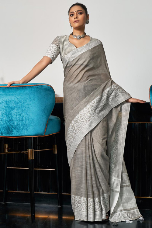 Pegion Grey Plain Liquid Organza Saree With Lace Border – Fabcurate