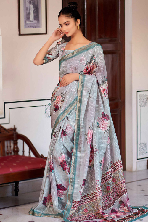 Linen Light Grey Floral Printed Saree