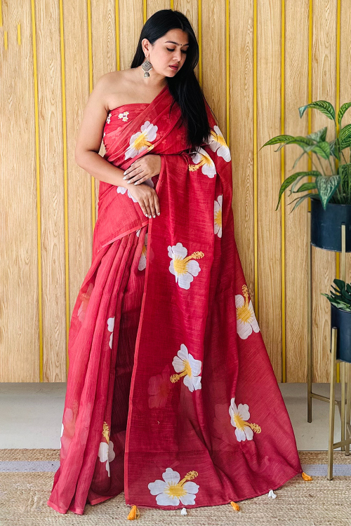Linen Light Maroon Printed Light Weight Saree