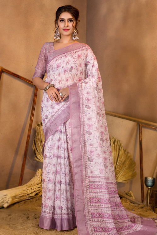 Linen Light Pink Printed Light Weight Saree For Casual Wear
