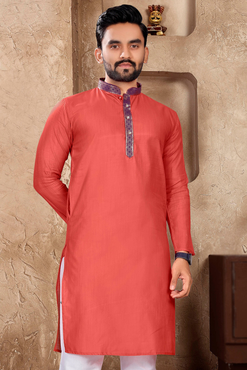 Linen Light Red Placket Lace Straight Cut Men Kurta 
