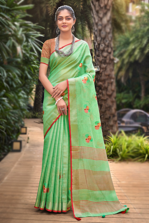 Linen Mint Green Resham Embroidered Light Weight Saree