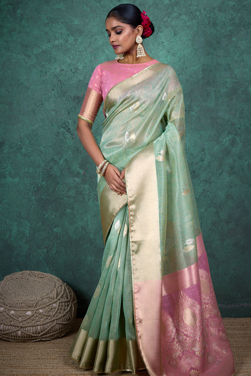 Linen Mint Green Saree With Woven Zari Work For Festival