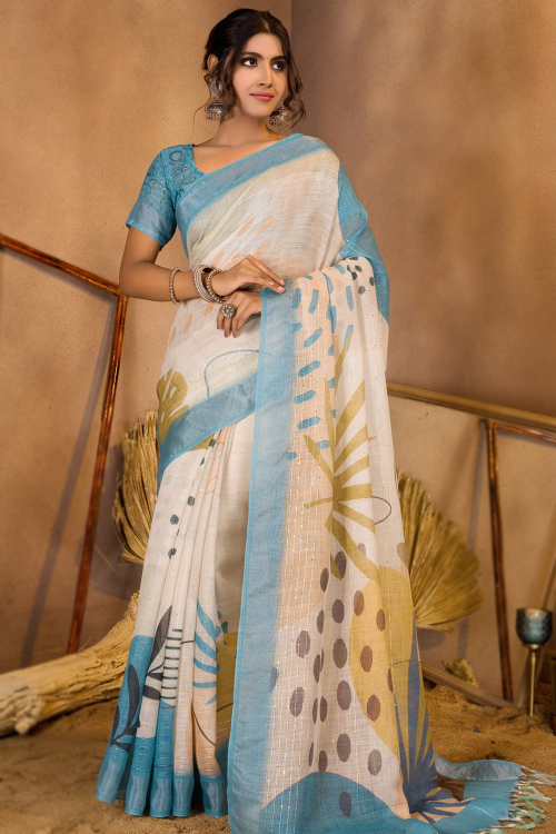 Linen Off White Printed Saree For Casual Wear
