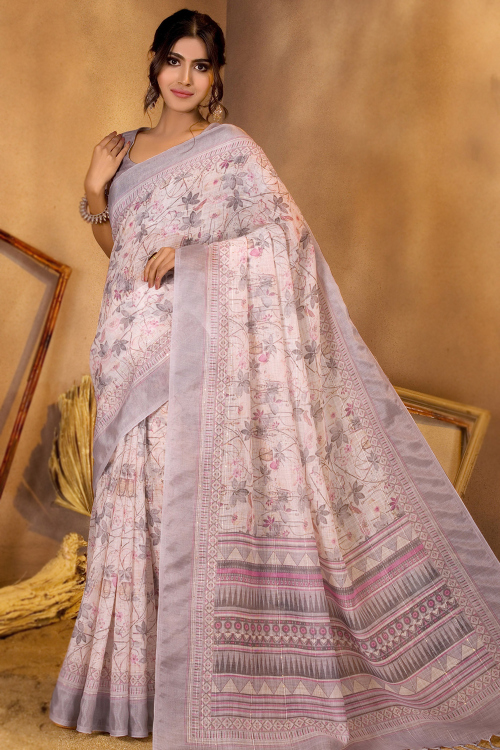 Linen Pale Pink Printed Light Weight Saree For Casual Wear