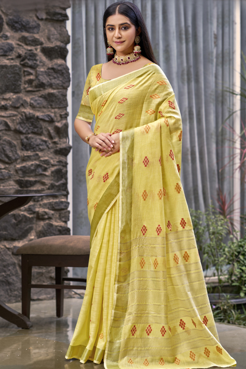 Linen Pale Yellow Printed Light Weight Saree