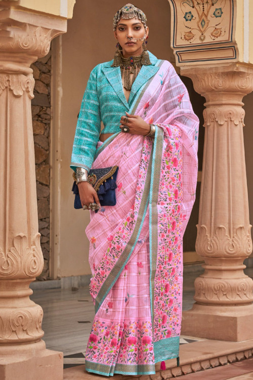 Linen Pink Printed Casual Wear Saree 