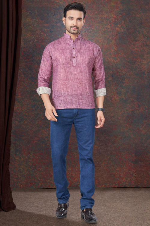 Linen Printed Dark Mauve Waist Length Men's Short Kurta 