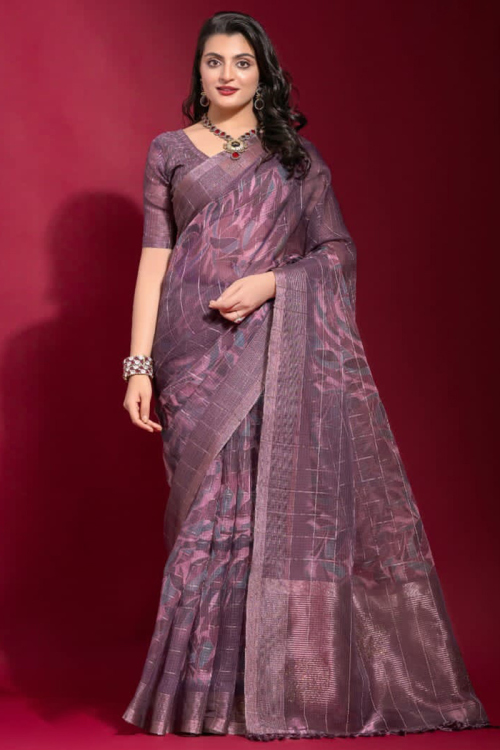 Linen Printed Mauve Pink Light Weight Saree 
