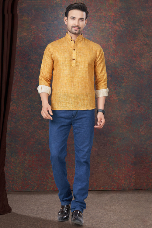 Linen Printed Mustard Yellow Waist Length Men's Short Kurta 