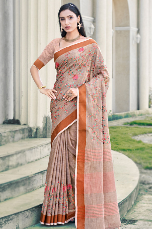 Linen Resham Embroidered Light Brown Light Weight Saree